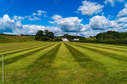 A freshly cut school field on a summers day with clouds in the sky photo