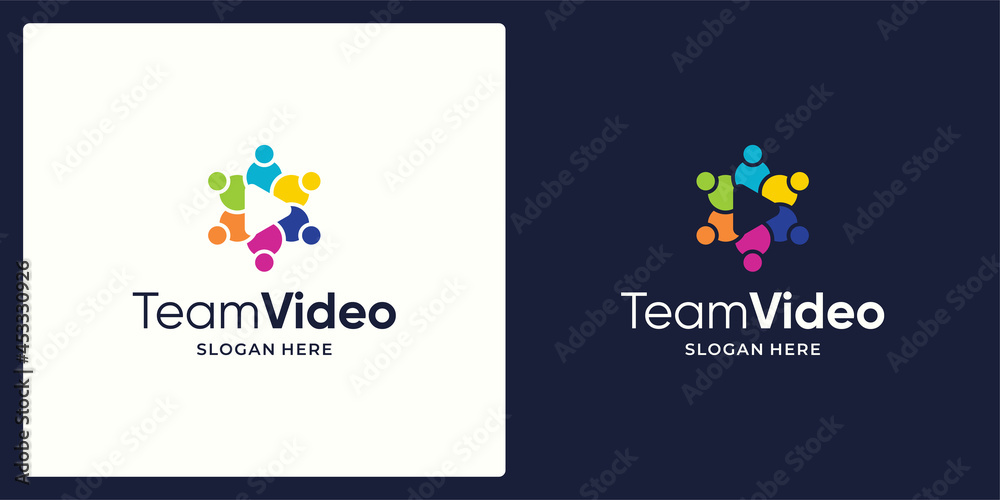 Social Network Team logo design template with play video button and colorful style design graphic vector illustration. Symbol, icon, creative.