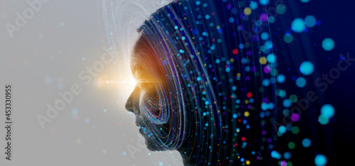 Obraz na płótnie Double exposure of business woman and Big Data concept. Digital neural network.Introduction of artificial intelligence. Cyberspace of future.Science and innovation of technology. w salonie