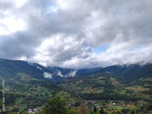 Beautiful landscape overlooking the Carpathian mountains in summer with green grass  trees and sky