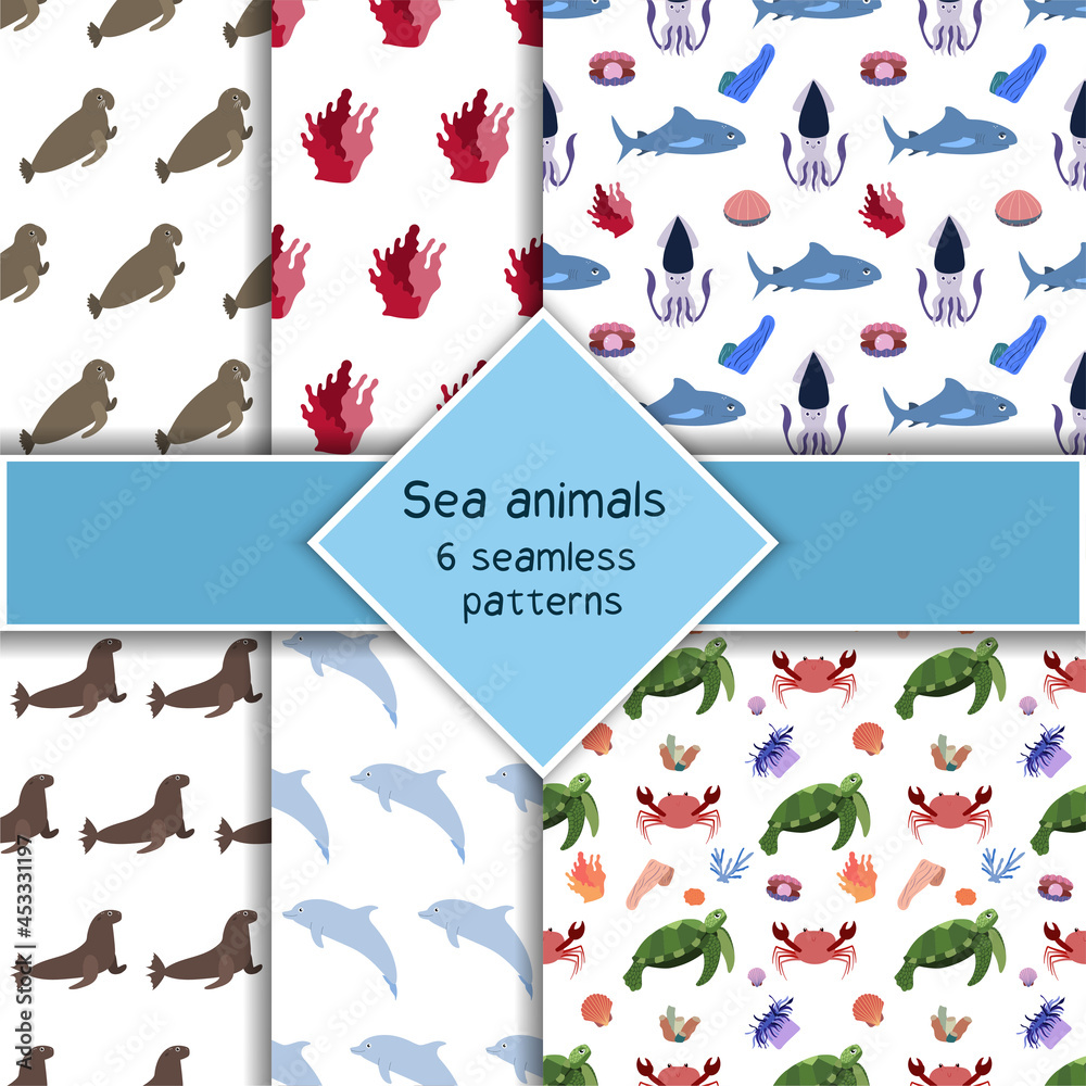 Set with six sea animal seamless pattern with shark, squid and turtle, crab dolphin. Undersea world habitants print. Hand drawn underwater life collection. Funny cartoon marine animals character