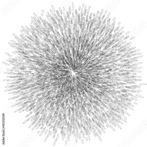 Explosion effect of random radial black thin lines on a white background. Floral abstract circular pattern for printing on pillows, T-shirts, covers. 