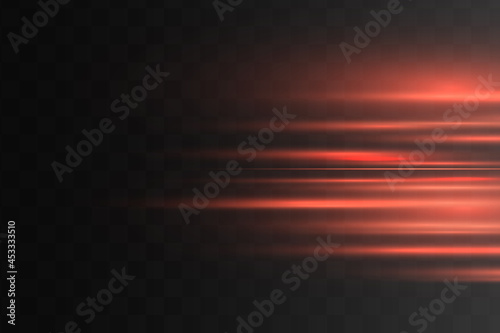 Red horizontal lens flares pack. Laser beams, horizontal light rays.Beautiful light flares. Glowing streaks on dark background. Luminous abstract sparkling lined background.