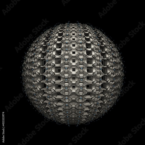 An isolated sphere with recursive 3D fractal structures and a dark background.