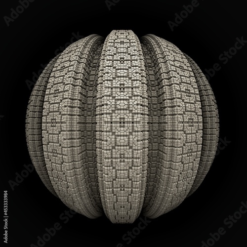 An isolated sphere with recursive 3D fractal structures and a dark background.