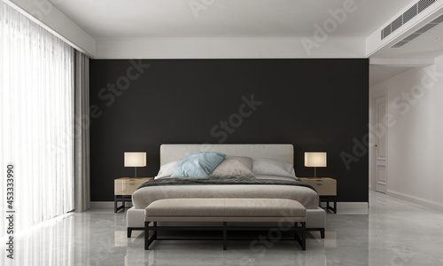 The interior and mock up decoration and bedroom design and black wall texture background. 3D render