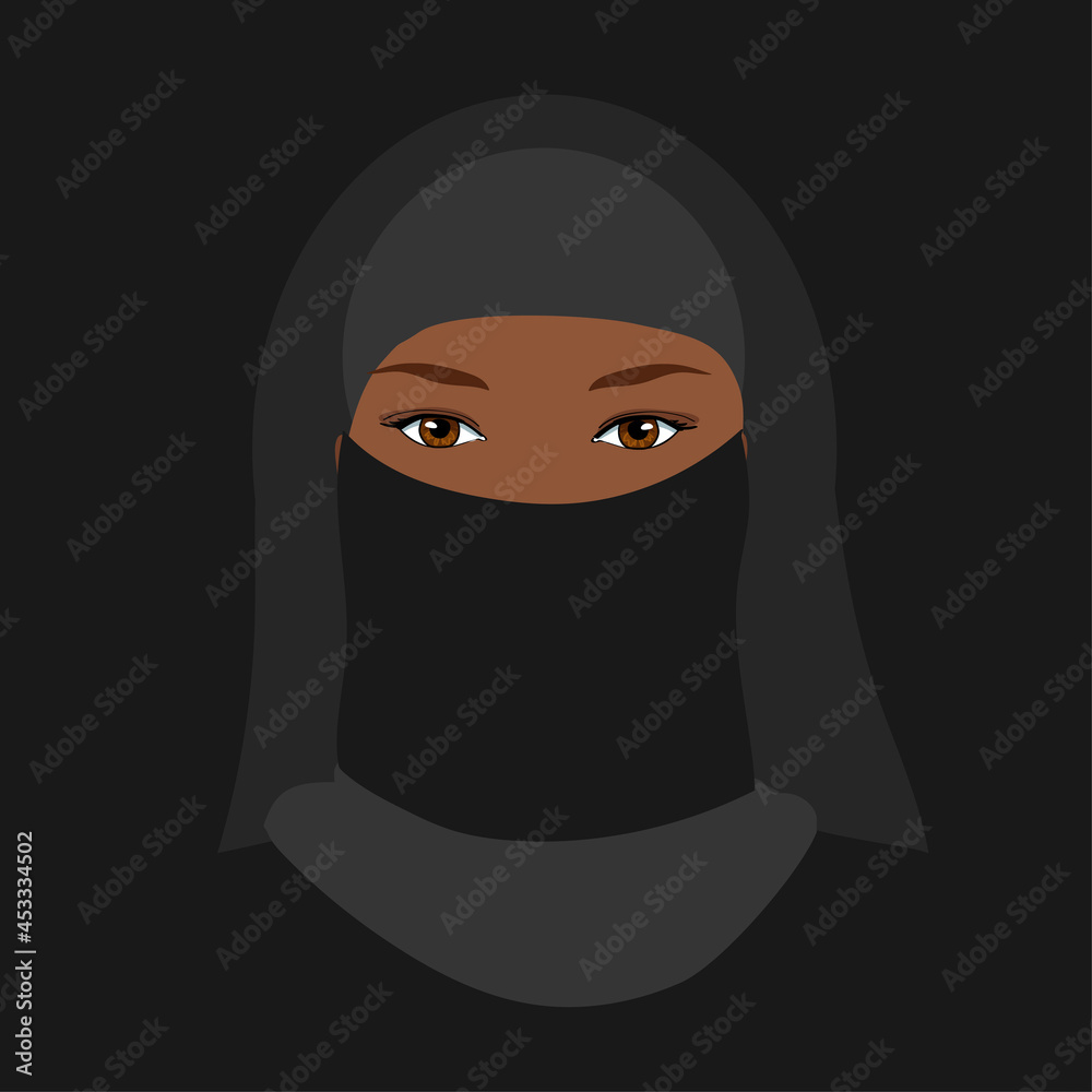 Muslim woman with attractive eyes wearing black burqa on black background, illustration