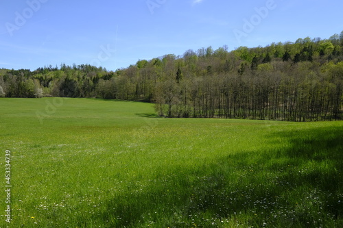 Landschaft am Seidenhäuser See bei Altershausen im Naturpark Hassberge, Landkreis Hassberge, Unterfranken, Franken, Bayern, Deutschland