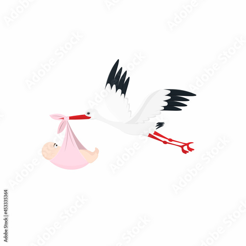 Stork with a child. Flying stork with a baby, vector illustration