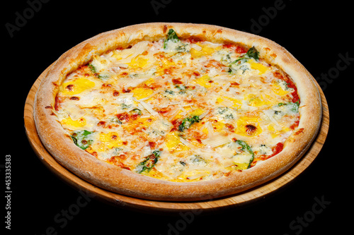 Top view pizza on table top, Flat lay of pizza on black background, Prepared pizza on table for serve Freshly baked homemade pizza isolated on a black background. View from above