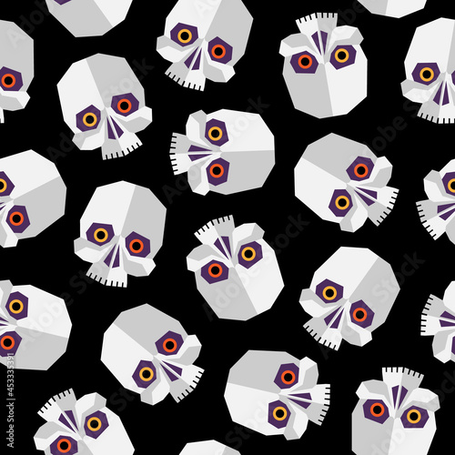 Evil skulls seamless pattern. Halloween background for wrapping an wallpaper, textile and stationery. Cartoon skulls with shining eyes on black backdrop.