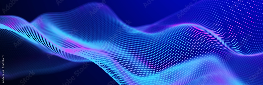 Abstract wave background with many glowing particles. Musical wave. Digital network background. 3D rendering.