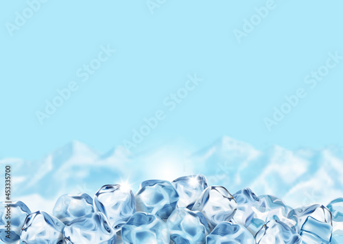 Ice cubes on blue background. Iced realistic frozen water and snowy mountans landscape poster for ads. Vector illustration