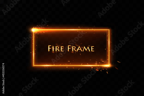 Gold frame with fiery sparks. Gold frame with light effects. Shining banner.