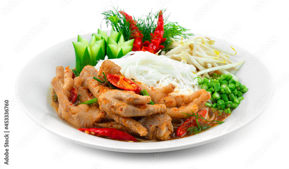 Chicken Feets Spicy Red Curry Spring Soup with Fermented Rice Noodles Chicken Feets Spicy Red Curry Spring Soup with Fermented Rice Noodles