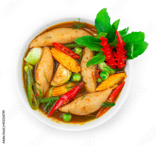 Fish Balls Spicy Red Curry Spring Soup with Herbs Thai Foodc Local Style photo