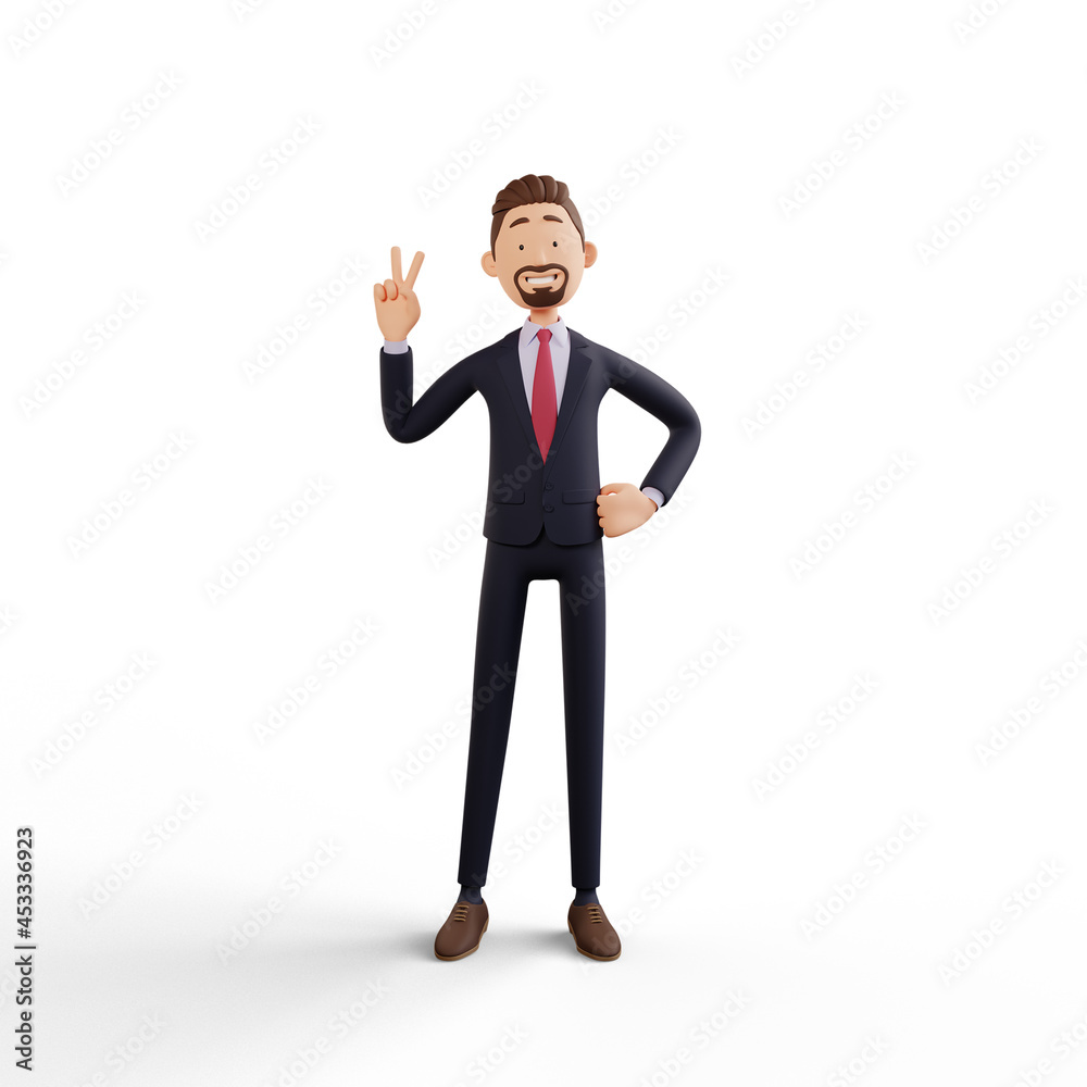 3d business man character render standing with peace sign hand pose in white background