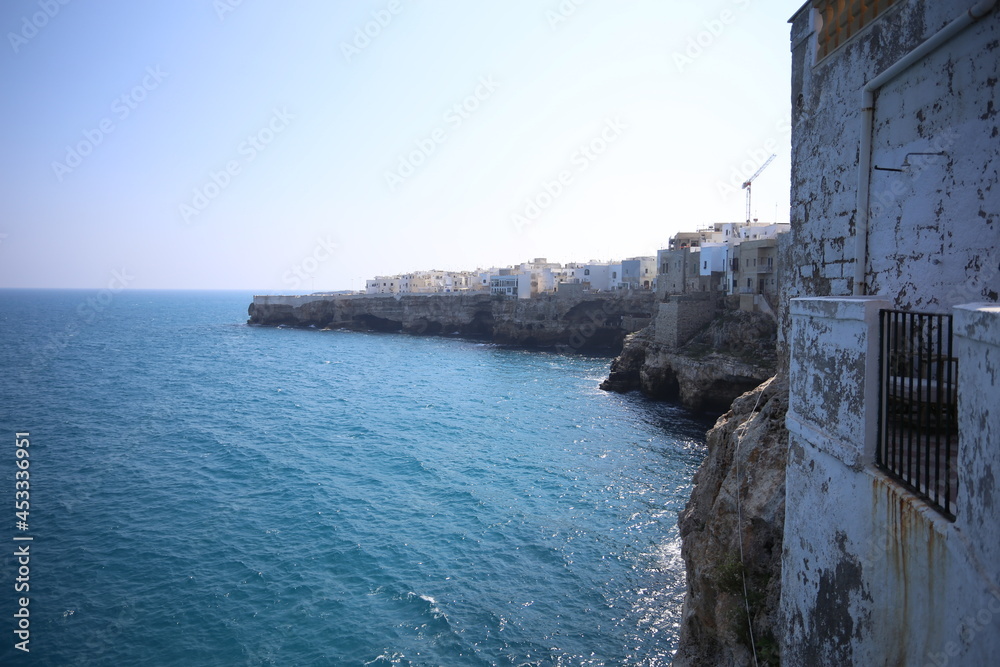 view of the Adriatic sea from the town of Polignano a Mare in Southern Italy