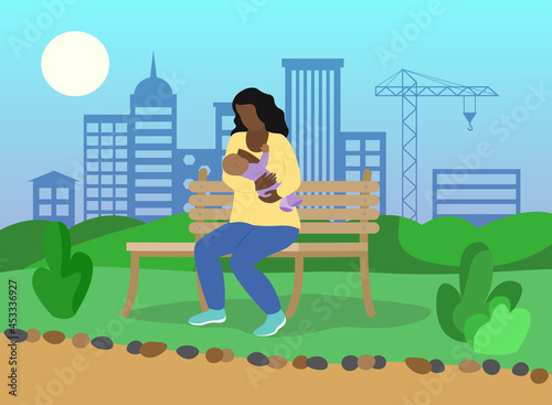 Breastfeeding in public. African american woman feeds baby in park on bench. Vector flat concept illustration. Silhouette of city in background