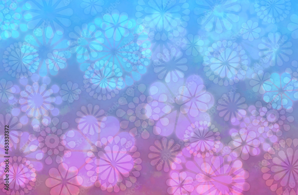 淡いパステルカラー、幾何学的な花柄の背景、青〜ピンク 淡いパステルカラー、幾何学的な花柄の背景、青〜ピンク