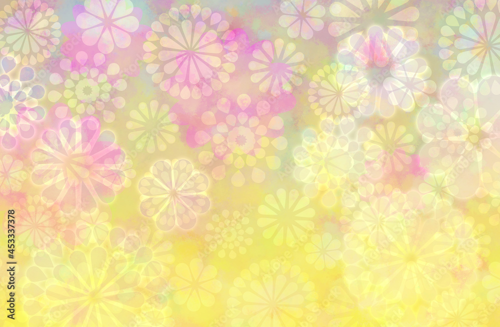 淡いパステルカラー、幾何学的な花柄の背景、黄色〜ピンク