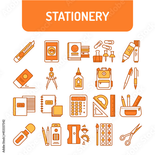 Stationery color line icons set. School, office supplies.