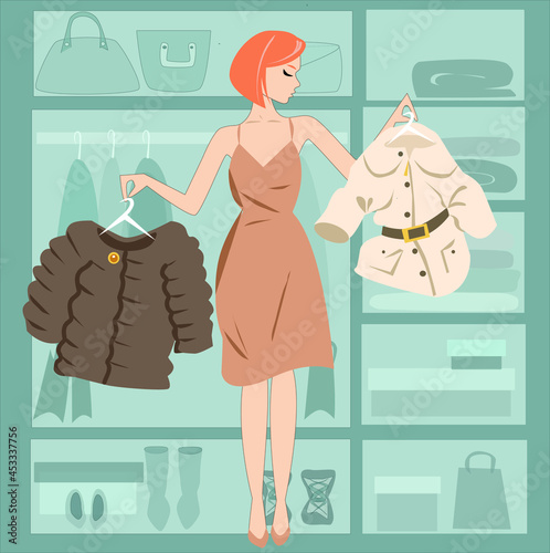 woman in wardrobe room choosing clothes to wear between fur coat and jacket, vector illustration