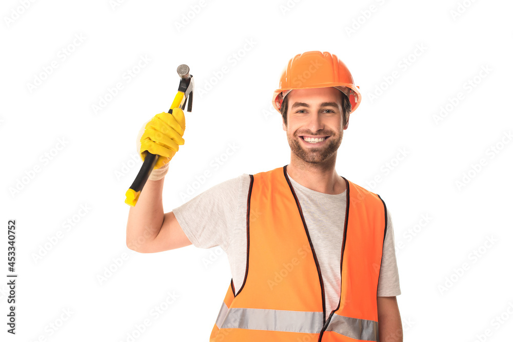 Positive builder holding hummer isolated on white Positive builder holding hummer isolated on white