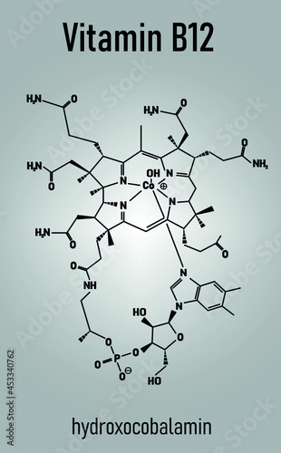 Hydroxocobalamin vitamin B12 molecule. Often given therapeutically in case of B12 deficiency. Skeletal formula.