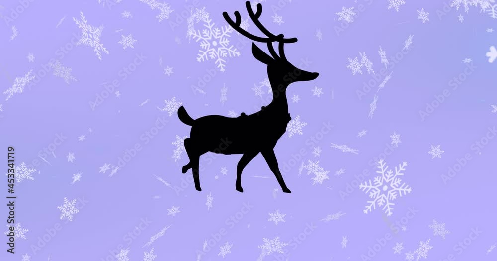 Black silhouette of reindeer walking over snowflakes falling against purple background Black silhouette of reindeer walking over snowflakes falling against purple background