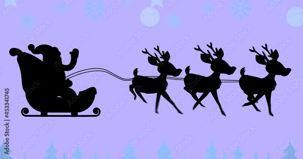 Santa claus in sleigh being pulled by reindeers against christmas hanging decorations Santa claus in sleigh being pulled by reindeers against christmas hanging decorations