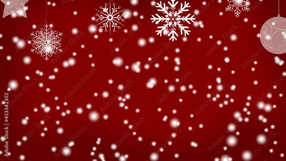 Christmas hanging decorations and christmas tree icons over white spots falling on red background Christmas hanging decorations and christmas tree icons over white spots falling on red background