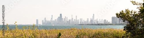 Canvas Print Wide angle high resolution panorama of the Chicago Skyline in late summer with sunflowers and other wildflowers and tall grasses in the foreground and boats on the water of Lake Michigan