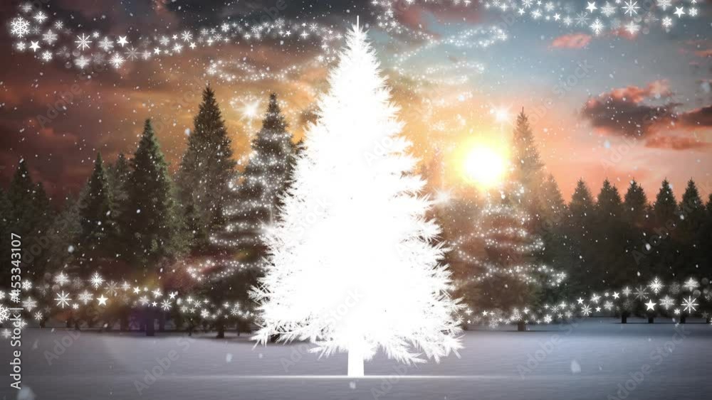 Snow falling over christmas tree on winter landscape against multiple star icons Snow falling over christmas tree on winter landscape against multiple star icons
