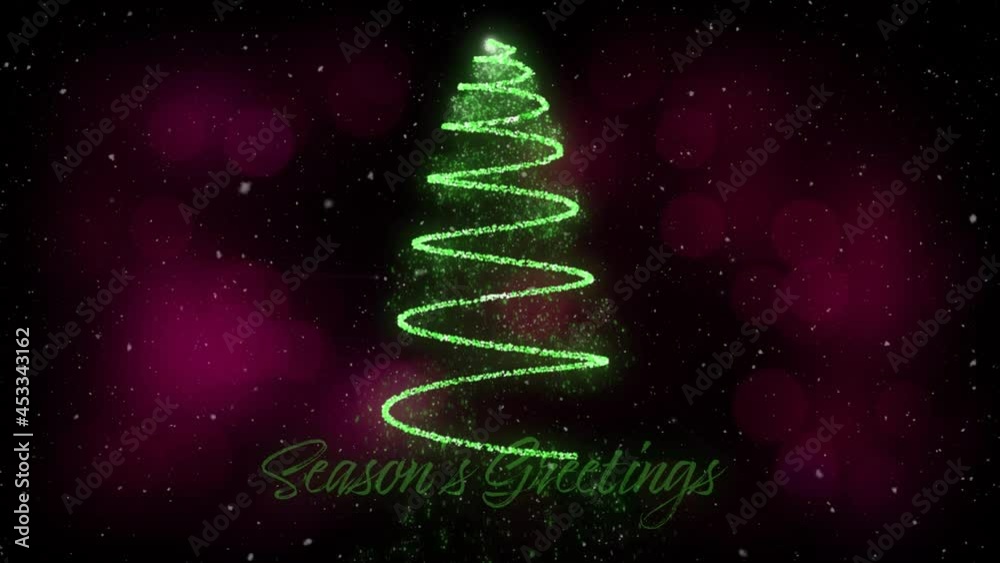 Animation of snow falling over season's greetings text and christmas tree formed with shooting star Animation of snow falling over season's greetings text and christmas tree formed with shooting star