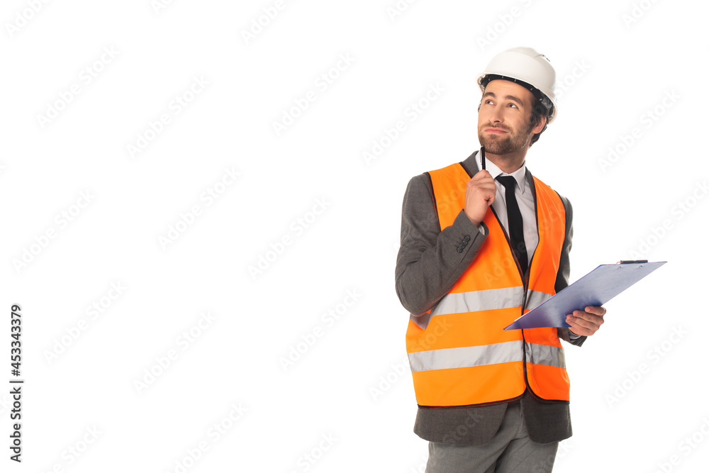 Pensive architect holding clipboard isolated on white Pensive architect holding clipboard isolated on white