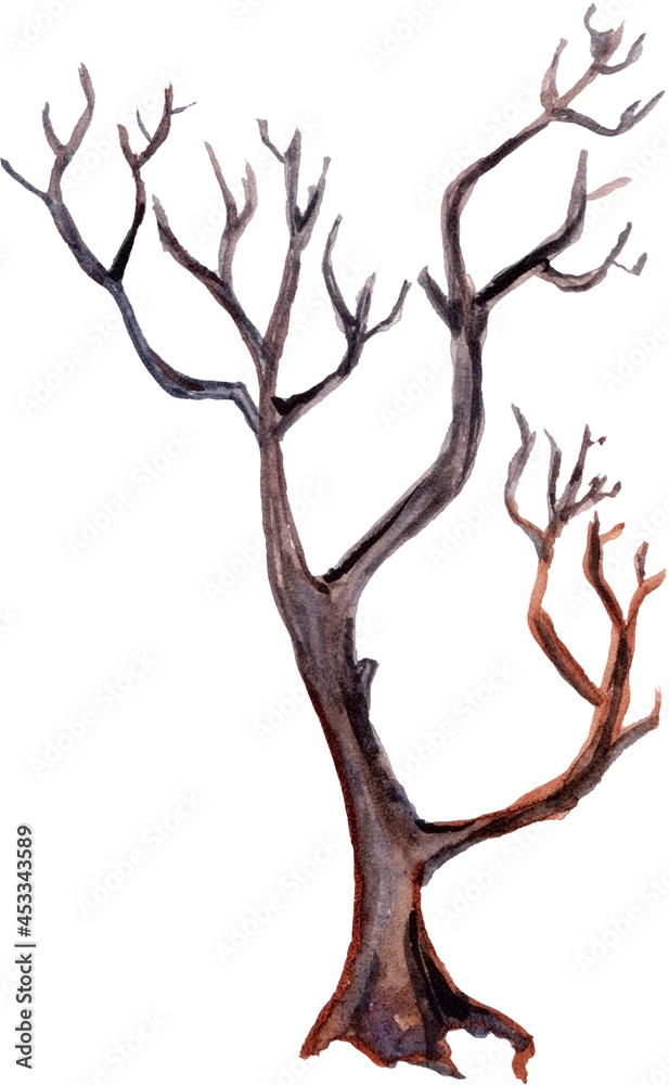 Fototapeta premium Watercolor hand drawn Halloween illustration with a dead tree