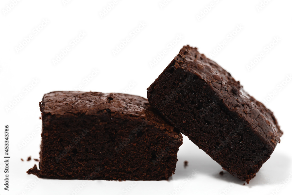 Delicious brownies cake on white background for bakery, food and eating concept