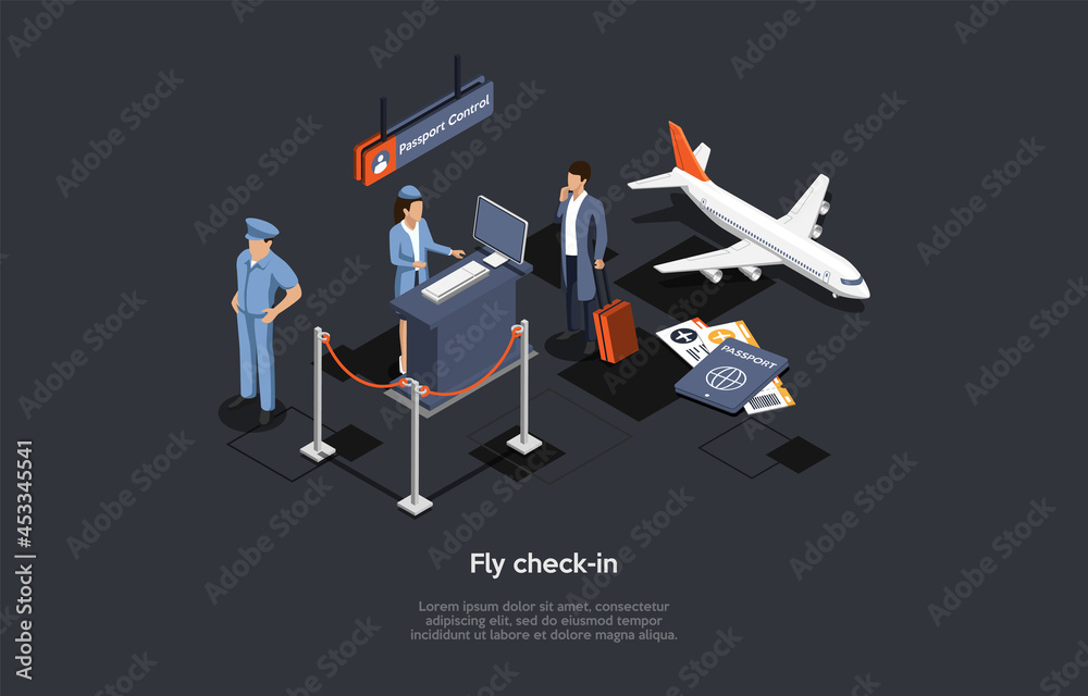 Vector Composition. Isometric Design, Cartoon 3D Style. Fly Check-In. Airport Inside Elements And Characters. Crew Workers, Customer With Baggage, Personal Documents, Airplane, Passport Control Area