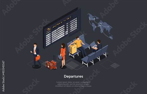 Vector Composition. Isometric Design, Cartoon 3D Style. Departures List Concept. Airport Inside Location. Group Of People With Baggage Waiting, Infographics. World Map, Airplane Flight Lobby Interior