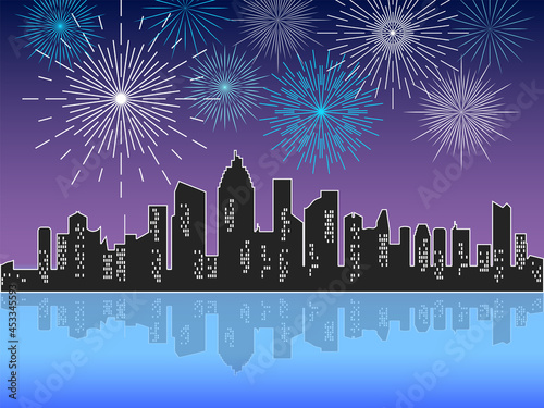 Festive fireworks display over the night city with reflection in water. Jpeg illustration of a city skyline with holiday or party sparks, celebration bright explosive in blue and white colors