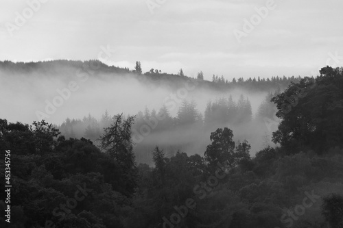 Black and White Image of Loch Drunkie from Dukes Pass, Trossachs National Park, Scotland, UK.