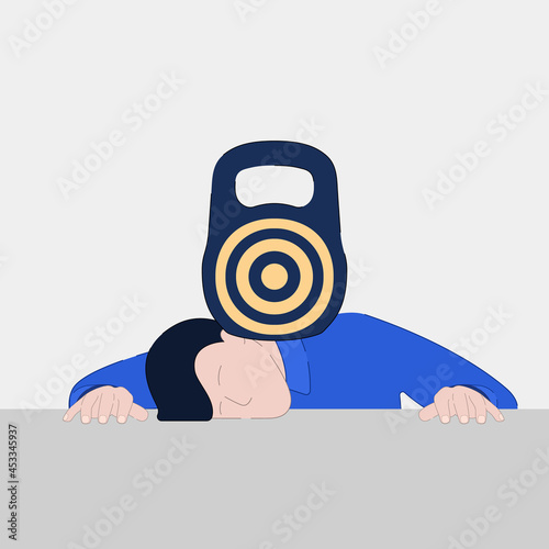 The concept of setting an unrealistic goal. Tired man crushed by a heavy weight. Vector illustration.