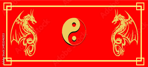 Yin yang poster dragon red background symbol