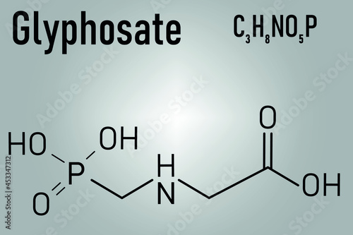 Glyphosate herbicide molecule. Crops resistant to glyphosate (genetically modified organisms, GMO) have been produced by genetic engineering. Skeletal formula.
