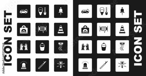 Set Ringing alarm bell, Fire hose reel, Interior fireplace, Burning car, Traffic cone, shovel and bucket, Smoke system and Firefighter gloves icon. Vector