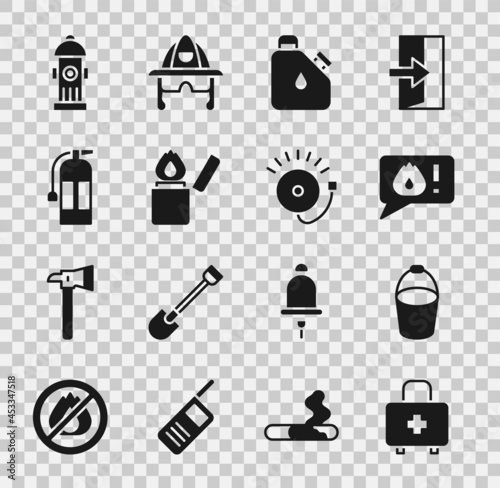 Set First aid kit, Fire bucket, Telephone call 911, Canister fuel, Lighter, extinguisher, hydrant and Ringing alarm bell icon. Vector