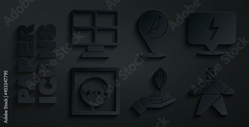 Set Plant in hand, Lightning bolt, Electrical outlet, tower, Location with leaf and Solar energy panel icon. Vector