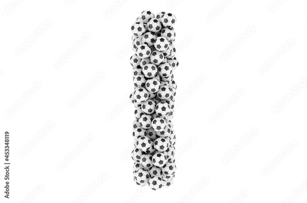 Letter I from soccer balls or football balls, 3D rendering
