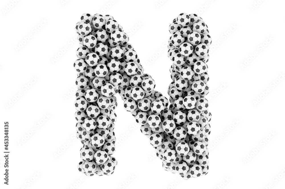 Letter N from soccer balls or football balls, 3D rendering